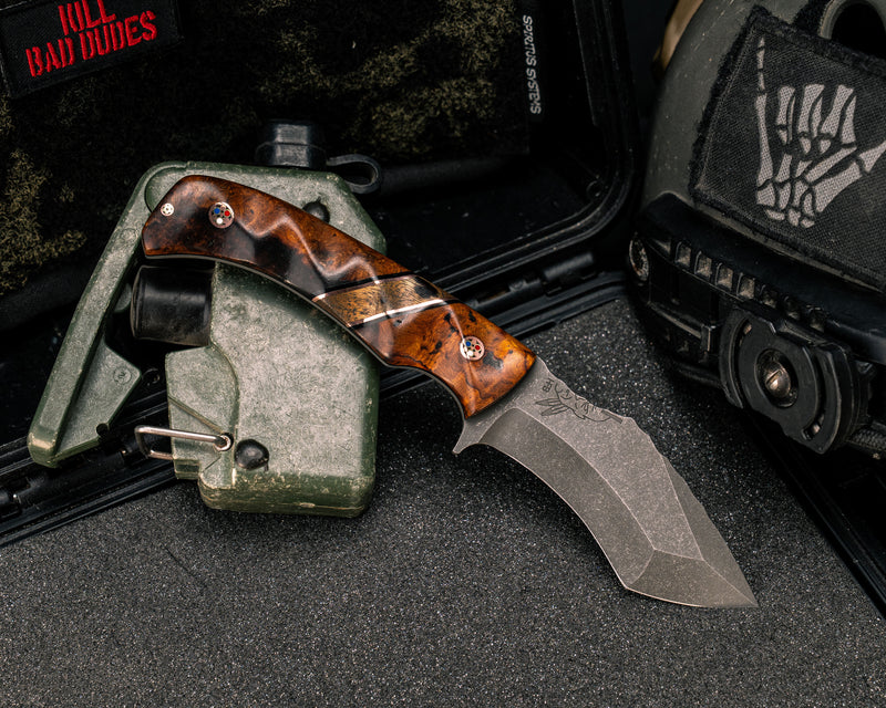 Buteo- Desert Ironwood, Black G10 and Copper Pin Striping, Desert Ironwood Split, Copper Patriot Mosaic Pins, 1/8" Mosaic Pin, Textured Grip