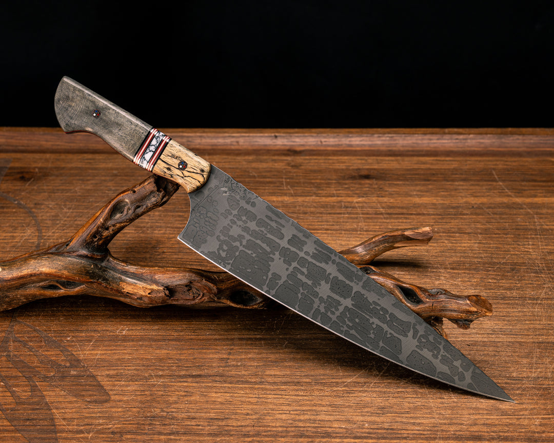 10" Chef Blade- Spalted Maple, Black G10, Copper, Cherry G10 and White G10 Pin Striping, White Turquoise with Black Web Tru-stone Split, Buckeye, Copper Patriot Mosaic Pins, Smooth Grip