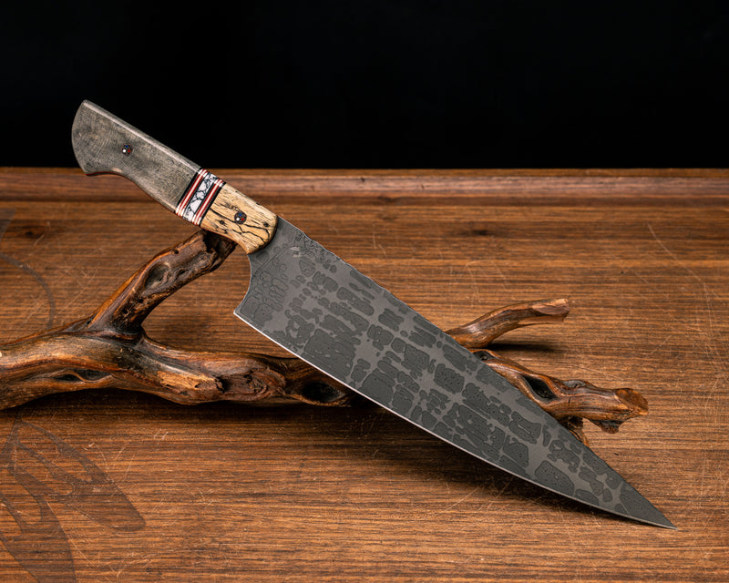 10" Chef Blade- Spalted Maple, Black G10, Copper, Cherry G10 and White G10 Pin Striping, White Turquoise with Black Web Tru-stone Split, Buckeye, Copper Patriot Mosaic Pins, Smooth Grip