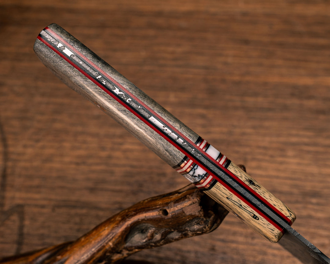 10" Chef Blade- Spalted Maple, Black G10, Copper, Cherry G10 and White G10 Pin Striping, White Turquoise with Black Web Tru-stone Split, Buckeye, Copper Patriot Mosaic Pins, Smooth Grip