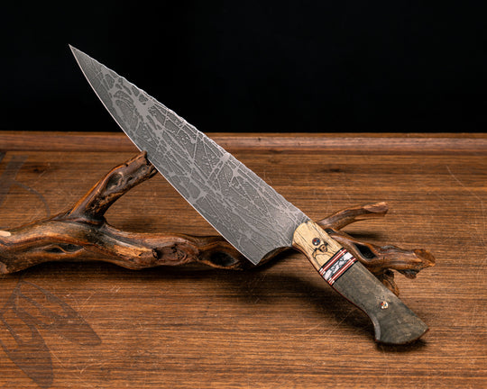 10" Chef Blade- Spalted Maple, Black G10, Copper, Cherry G10 and White G10 Pin Striping, White Turquoise with Black Web Tru-stone Split, Buckeye, Copper Patriot Mosaic Pins, Smooth Grip