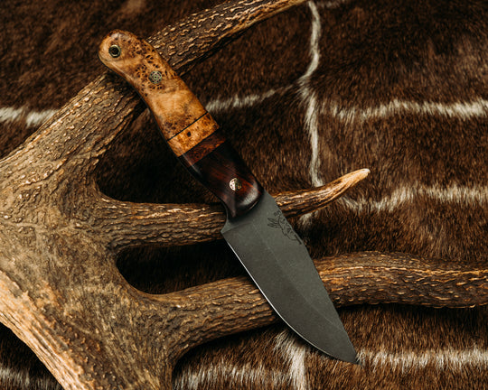 Crow Jr- Desert Ironwood, Black G10, Pin Striping, Desert Ironwood and Black Ash Burl Split, Black Ash Burl, Mosaic Pins, Brass Lanyard Pin, Textured Grip