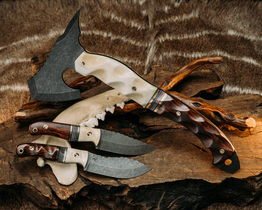 Warbird, Feather Light, Skinner Jr. Set- Giraffe Bone, Black G10 and Brass Pin Striping, Red, White and Blue Canvas Micarta Split, Brass Patriot Pins, Brass Lanyard Pin (Feather Light Only), Textured Grip