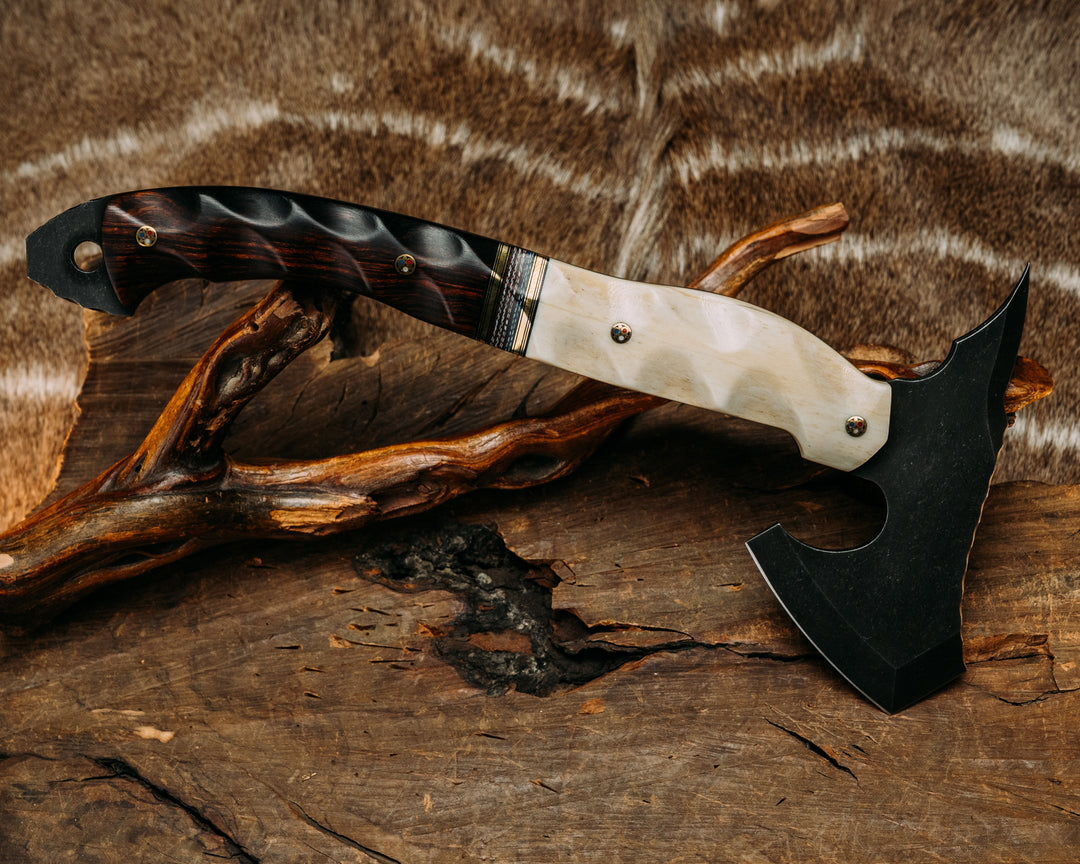Warbird, Feather Light, Skinner Jr. Set- Giraffe Bone, Black G10 and Brass Pin Striping, Red, White and Blue Canvas Micarta Split, Brass Patriot Pins, Brass Lanyard Pin (Feather Light Only), Textured Grip