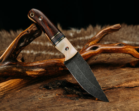 Warbird, Feather Light, Skinner Jr. Set- Giraffe Bone, Black G10 and Brass Pin Striping, Red, White and Blue Canvas Micarta Split, Brass Patriot Pins, Brass Lanyard Pin (Feather Light Only), Textured Grip