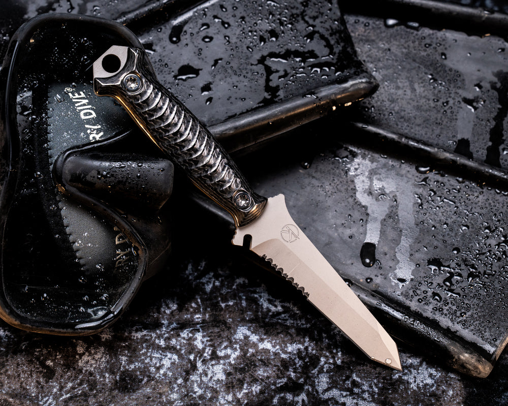 Dive Knife Tanto- Stainless Steel Dragon Strike Carbon, Steel Grey Cerakote, Ti Torx Bolts, Textured Grip