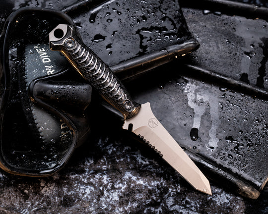 Dive Knife Tanto- Stainless Steel Dragon Strike Carbon, Steel Grey Cerakote, Ti Torx Bolts, Textured Grip
