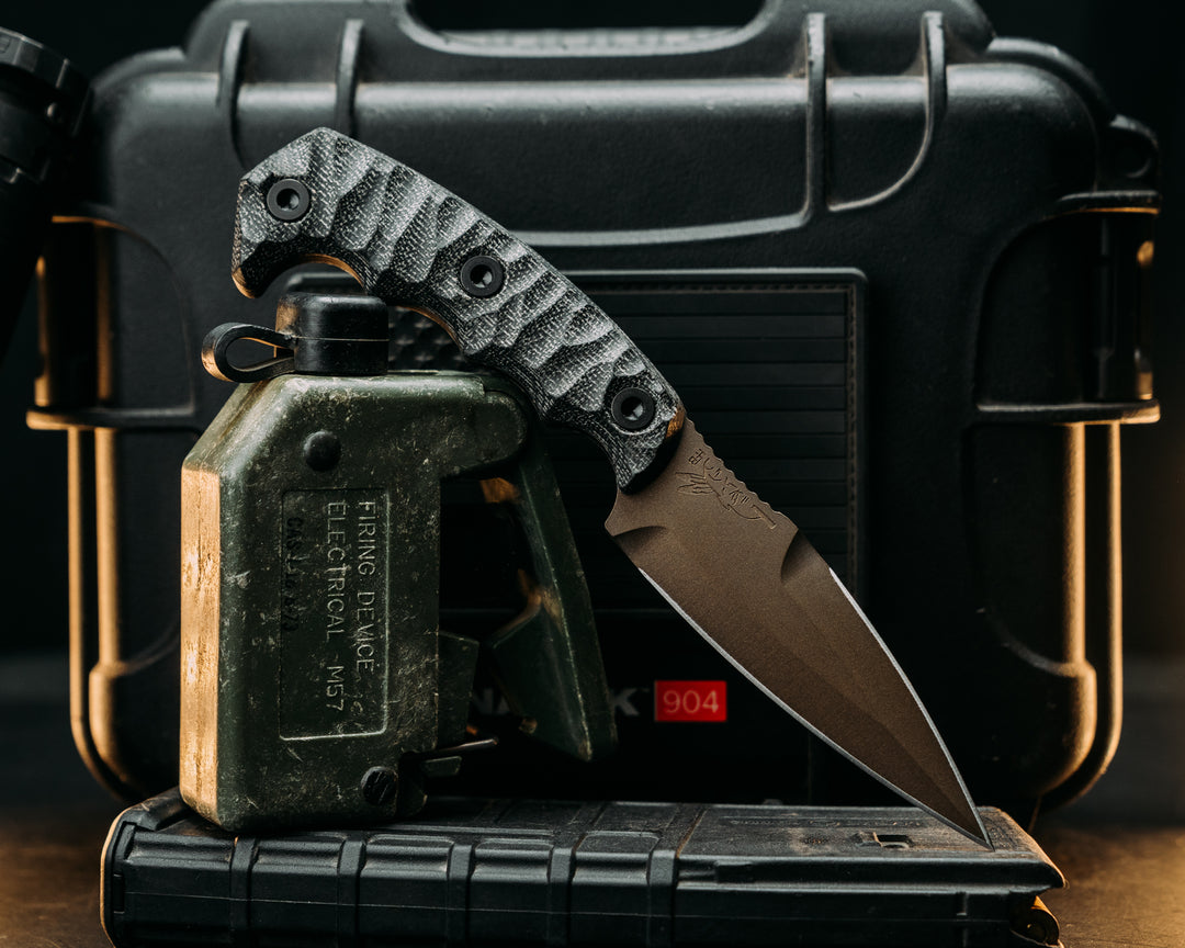 4" HUMINT - Black Canvas Micarta, Midnight Bronze Cerakote, Allen Bolts, Textured Grip