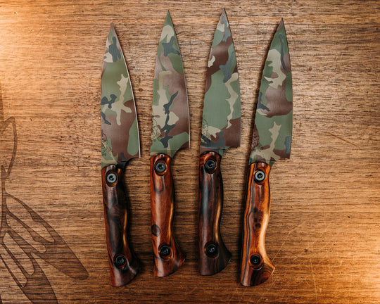 Steak Knife Set (4 Pcs) - Desert Ironwood, M81 Woodland Camo Cerakote, Allen Bolts, Smooth Grip