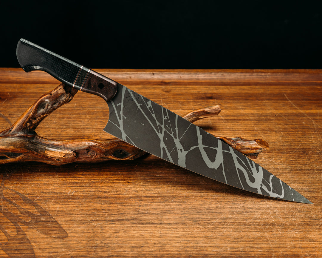 10" Chef Blade- Copper Space Coral Carbon, Black G10, Grey G10 and Copper Pin Striping, Jungle Wear Carbon Split, Black Burlap Micarta, CF Pins, Smooth Grip