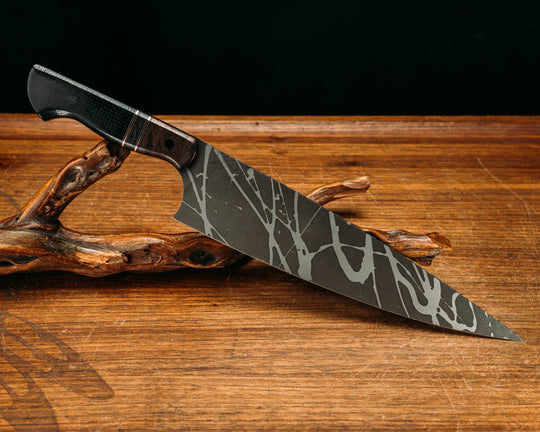 10" Chef Blade- Copper Space Coral Carbon, Black G10, Grey G10 and Copper Pin Striping, Jungle Wear Carbon Split, Black Burlap Micarta, CF Pins, Smooth Grip