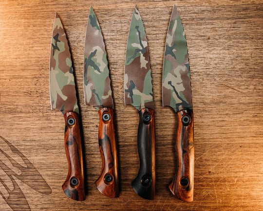 Steak Knife Set (4 Pcs) - Desert Ironwood, M81 Woodland Camo Cerakote, Allen Bolts, Smooth Grip