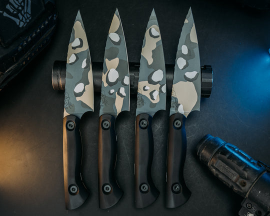 Steak Knife Set (4 Pcs) - Black G10, Blueberry Choc Chip Camo Cerakote, Allen Bolts, Smooth Grip