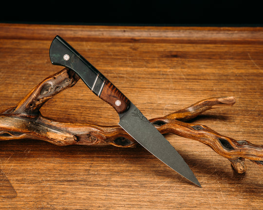 Pairing Knife- Hawaiian Curly Koa, Black G10, Grey G10 and Copper Pin Striping, Green Dark Matter Carbon Split, Dyed Redwood, Mosaic Pins, Smooth Grip