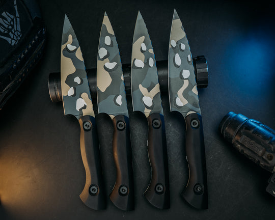 Steak Knife Set (4 Pcs) - Black G10, Blueberry Choc Chip Camo Cerakote, Allen Bolts, Smooth Grip
