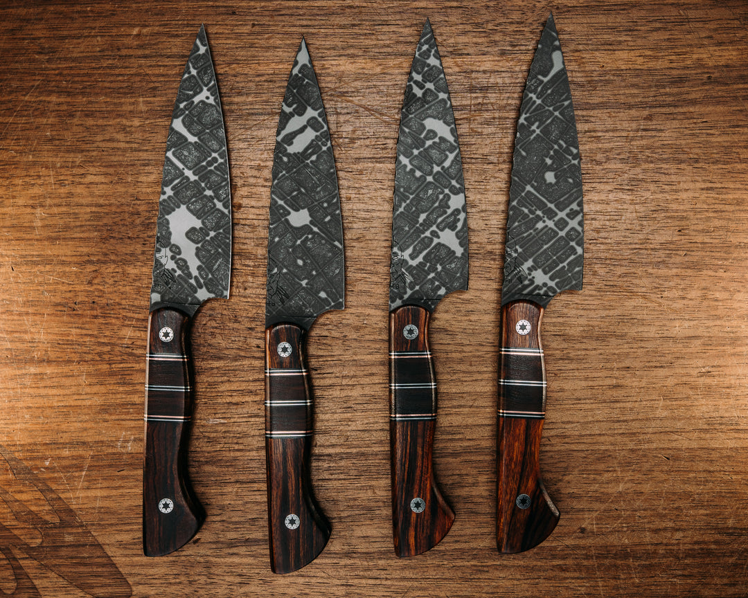 Steak Knife Set (4 Pc) - Desert Ironwood, Black G10 w/ Copper & Aluminum Pin Striping, Desert Ironwood Splits,, Mosaic Pins, Smooth Grip.