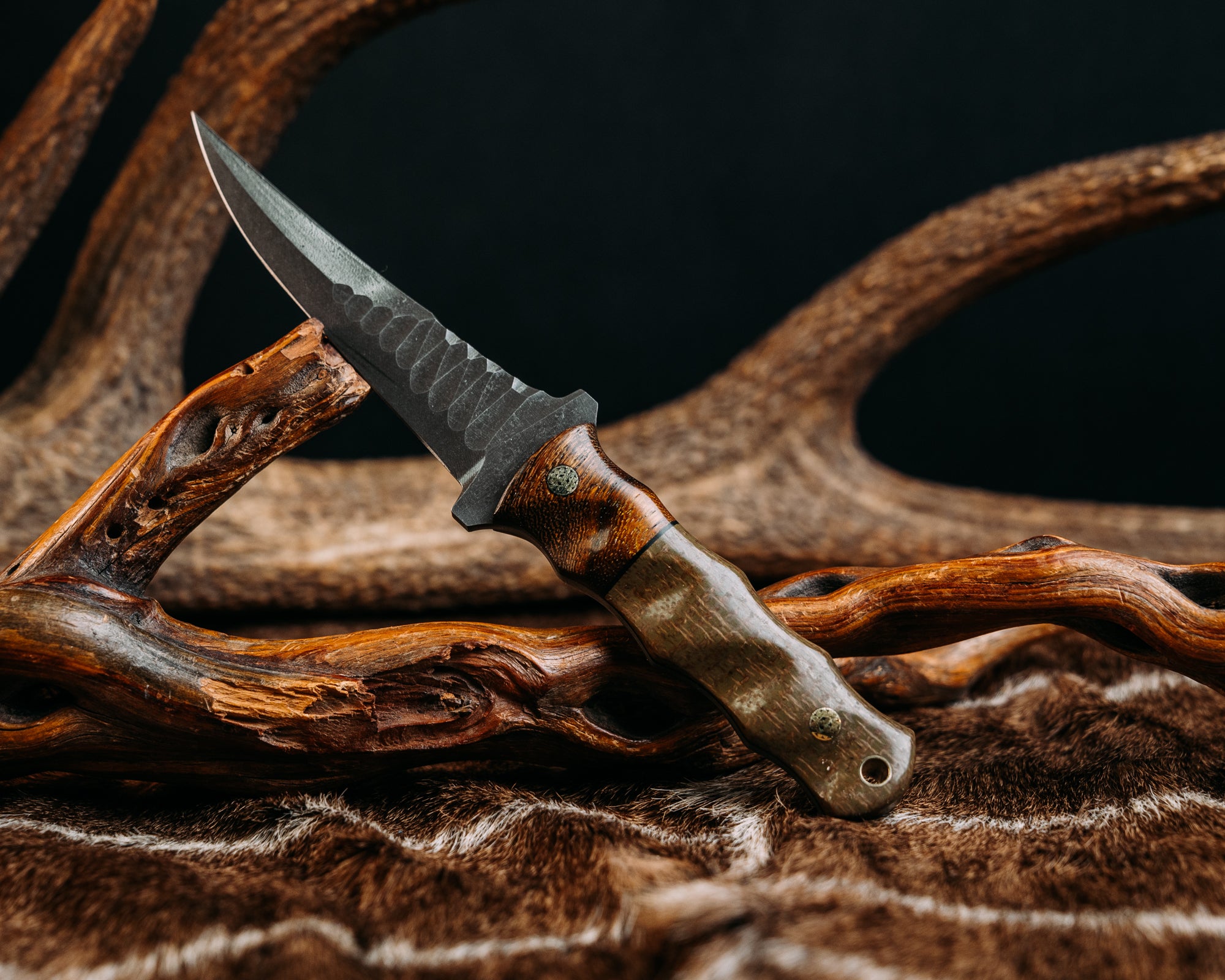Combat Filet - Desert Ironwood, Black G10 Split, OD Green Burlap Micarta, Mosaic Pins, Brass Lanyard Pin, Grooved Grip