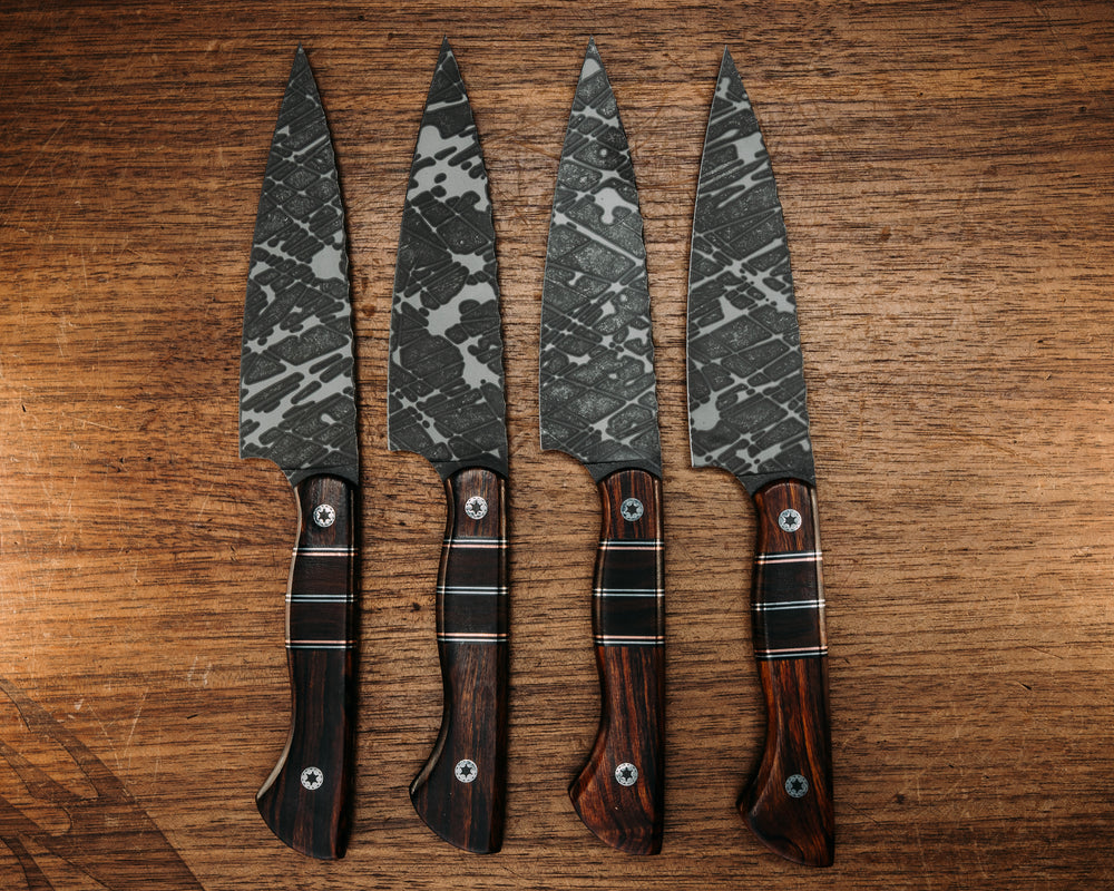 Steak Knife Set (4 Pc) - Desert Ironwood, Black G10 w/ Copper & Aluminum Pin Striping, Desert Ironwood Splits,, Mosaic Pins, Smooth Grip.