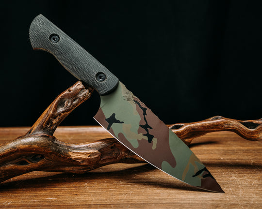 Chef Jr - Black Canvas Micarta, M81 Woodland Camo Cerakote, Allen Bolts, Smooth Grip