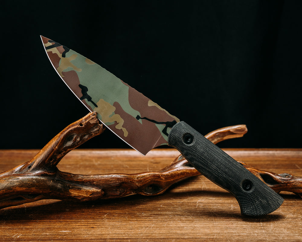 Chef Jr - Black Canvas Micarta, M81 Woodland Camo Cerakote, Allen Bolts, Smooth Grip