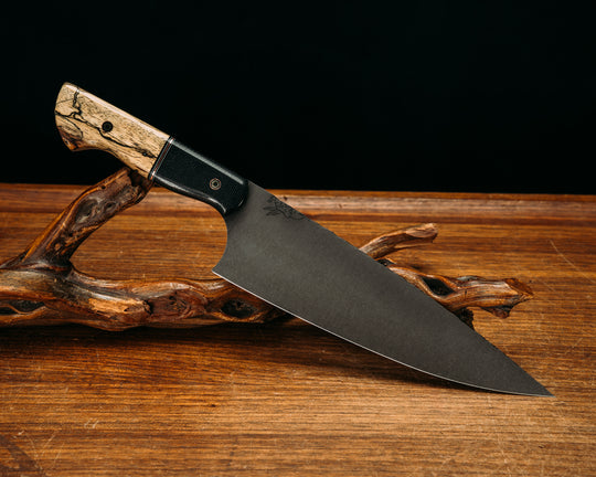 Chef Blade- Black Canvas Micarta, Black G10, White G10 and Copper Split, Spalted Tamarind, Mosaic Pins, Smooth Grip