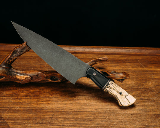 Chef Blade- Black Canvas Micarta, Black G10, White G10 and Copper Split, Spalted Tamarind, Mosaic Pins, Smooth Grip