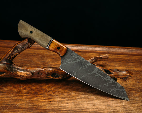 Santoku- Afzelia Burl, Black G10, White G10 and Copper Split, Olive Green Canvas Micarta, CF Pins, Smooth Grip