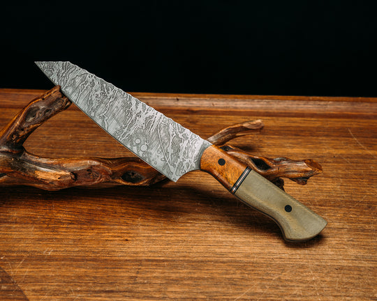 Santoku- Afzelia Burl, Black G10, White G10 and Copper Split, Olive Green Canvas Micarta, CF Pins, Smooth Grip