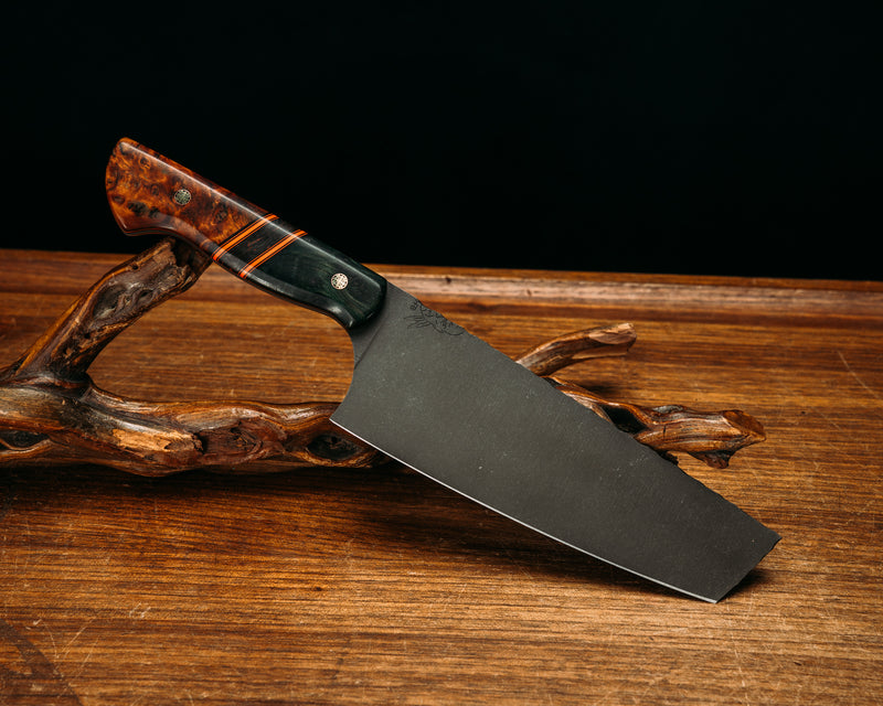 Nakiri- Dyed Redwood, Black G10 and Orange G10 Pin Striping, Orange Dark Matter Carbon Split, Amboyna Burl, Mosaic Pins, Smooth Grip