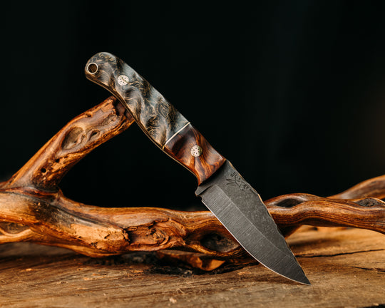 Crow Cub- Desert Ironwood, Black G10 and Brass Split, Gold Dark Matter Carbon, Mosaic Pins, Brass Lanyard Pin, Textured Grip