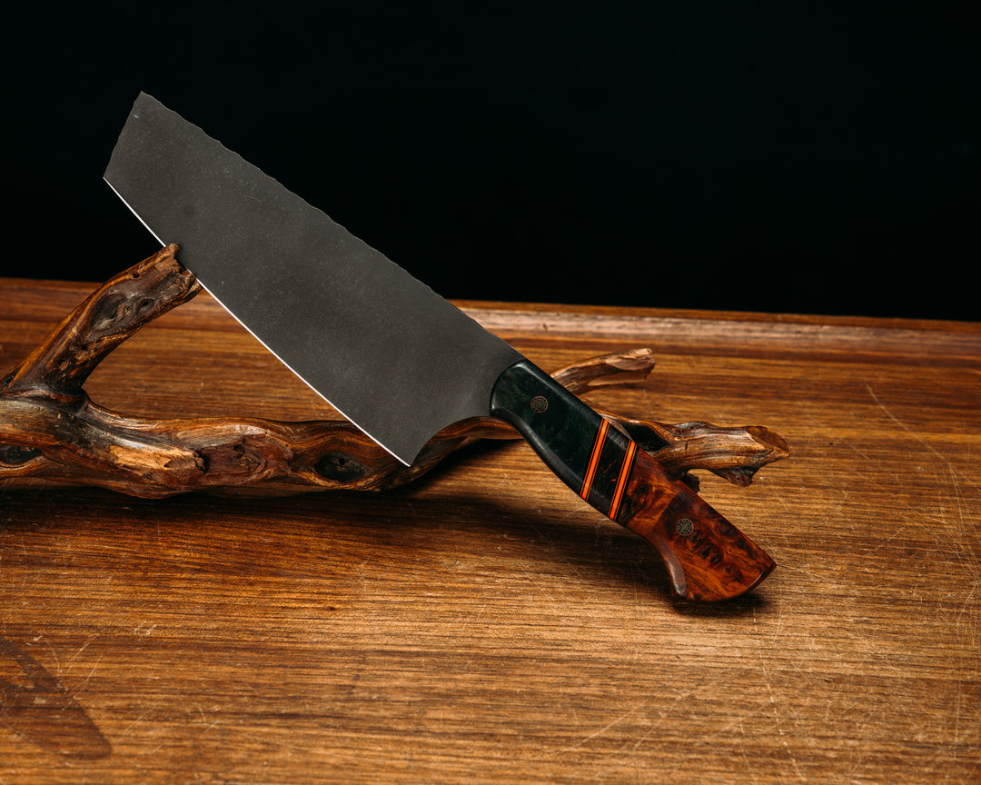 Nakiri- Dyed Redwood, Black G10 and Orange G10 Pin Striping, Orange Dark Matter Carbon Split, Amboyna Burl, Mosaic Pins, Smooth Grip