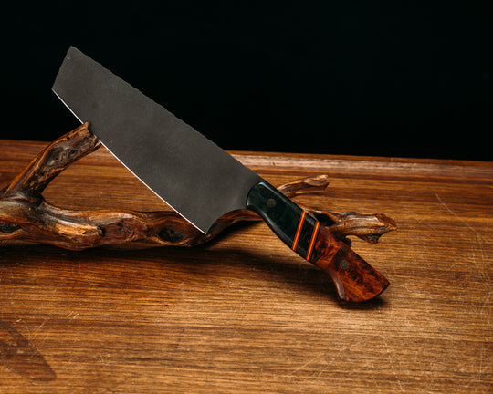 Nakiri- Dyed Redwood, Black G10 and Orange G10 Pin Striping, Orange Dark Matter Carbon Split, Amboyna Burl, Mosaic Pins, Smooth Grip