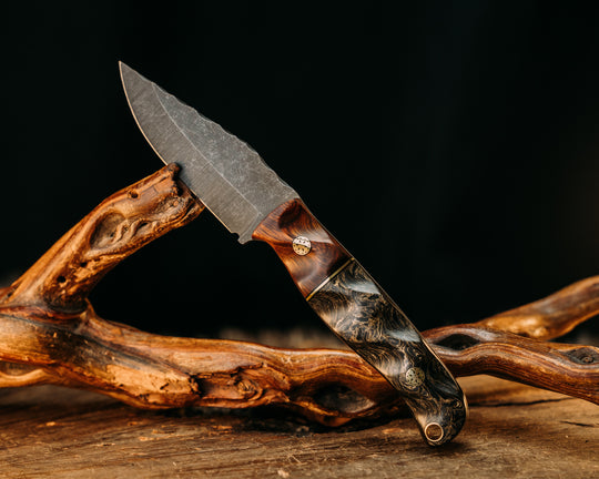 Crow Cub- Desert Ironwood, Black G10 and Brass Split, Gold Dark Matter Carbon, Mosaic Pins, Brass Lanyard Pin, Textured Grip