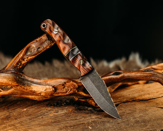 Crow Cub- Desert Ironwood, Black G10 and Brass Pin Striping, Desert Ironwood Split, Mosaic Pins, Brass Lanyard Pin, Textured Grip
