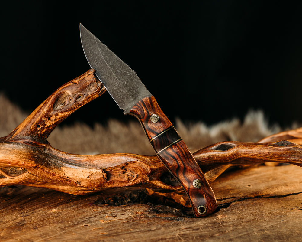 Crow Cub- Desert Ironwood, Black G10 and Brass Pin Striping, Desert Ironwood Split, Mosaic Pins, Brass Lanyard Pin, Textured Grip