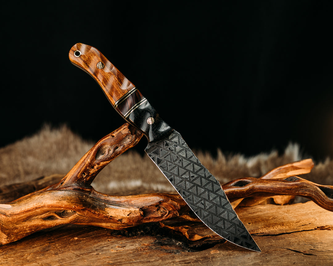Crow Scout- Black Burlap Micarta, Black G10 and Brass Pin Striping, Desert Ironwood Split, Desert Ironwood, Mosaic Pins, Brass Lanyard Pin, Textured Grip