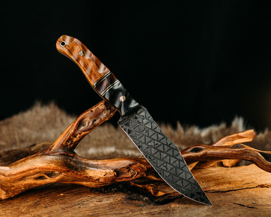 Crow Scout- Black Burlap Micarta, Black G10 and Brass Pin Striping, Desert Ironwood Split, Desert Ironwood, Mosaic Pins, Brass Lanyard Pin, Textured Grip