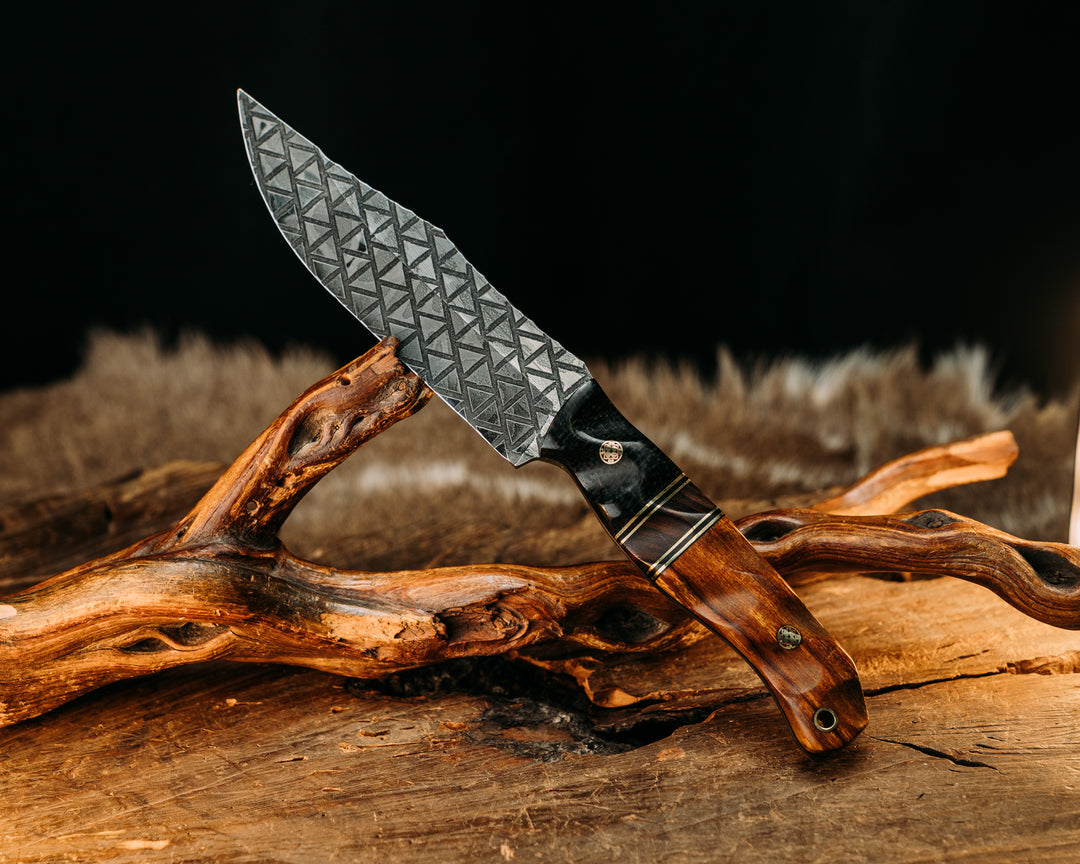 Crow Scout- Black Burlap Micarta, Black G10 and Brass Pin Striping, Desert Ironwood Split, Desert Ironwood, Mosaic Pins, Brass Lanyard Pin, Textured Grip