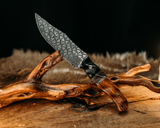 Crow Scout- Black Burlap Micarta, Black G10 and Brass Pin Striping, Desert Ironwood Split, Desert Ironwood, Mosaic Pins, Brass Lanyard Pin, Textured Grip