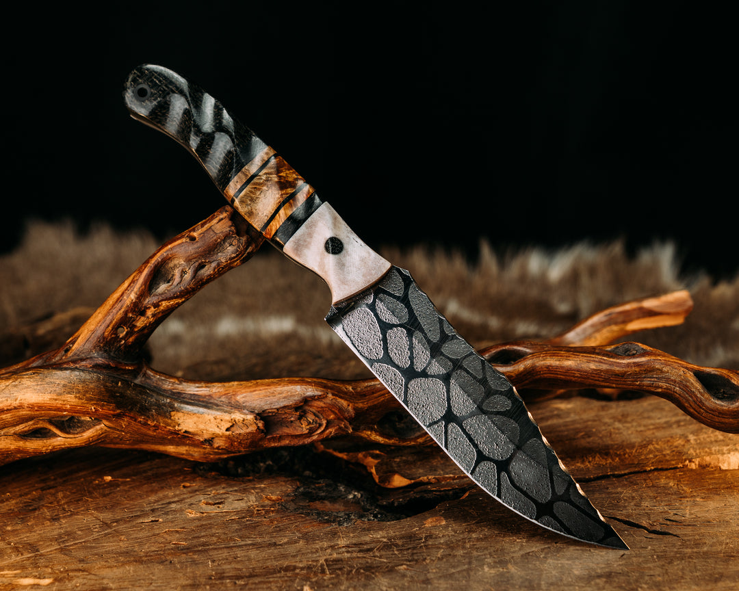 Crow Scout- Elk Antler, Black G10 Pin Striping, Black Burlap Micarta and Amboyna Split, Black Burlap Micarta, CF Pins, CF Lanyard Pin, Textured Grip