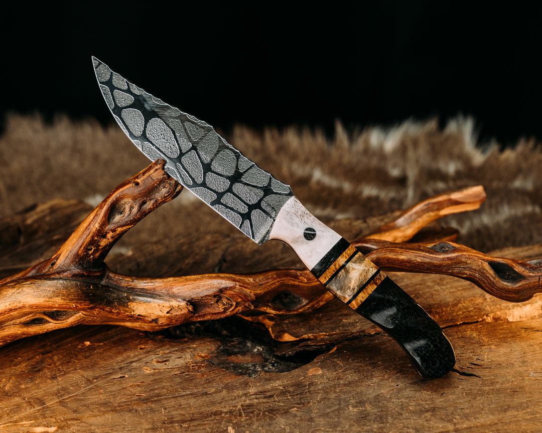 Crow Scout- Elk Antler, Black G10 Pin Striping, Black Burlap Micarta and Amboyna Split, Black Burlap Micarta, CF Pins, CF Lanyard Pin, Textured Grip