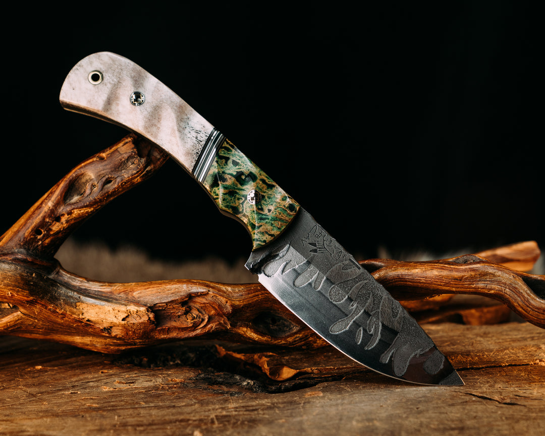 Cavner- Raffir Calceon GREEN, Black G10, OD Green G10, Aluminum, White G10 and Forest Green G10 Split, Elk Antler, Mosaic Pins, Brass Lanyard Pin, Textured Grip