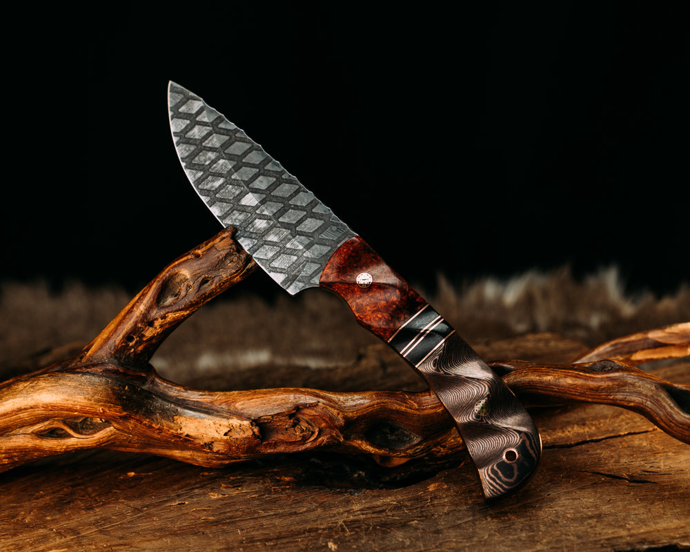 Cavner- Amboyna Burl, Black G10, Copper and Black Burlap Micarta Split, Copper Camo Carbon, Mosaic Pins, Copper Lanyard Pin, Textured Grip