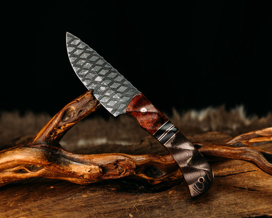 Cavner- Amboyna Burl, Black G10, Copper and Black Burlap Micarta Split, Copper Camo Carbon, Mosaic Pins, Copper Lanyard Pin, Textured Grip