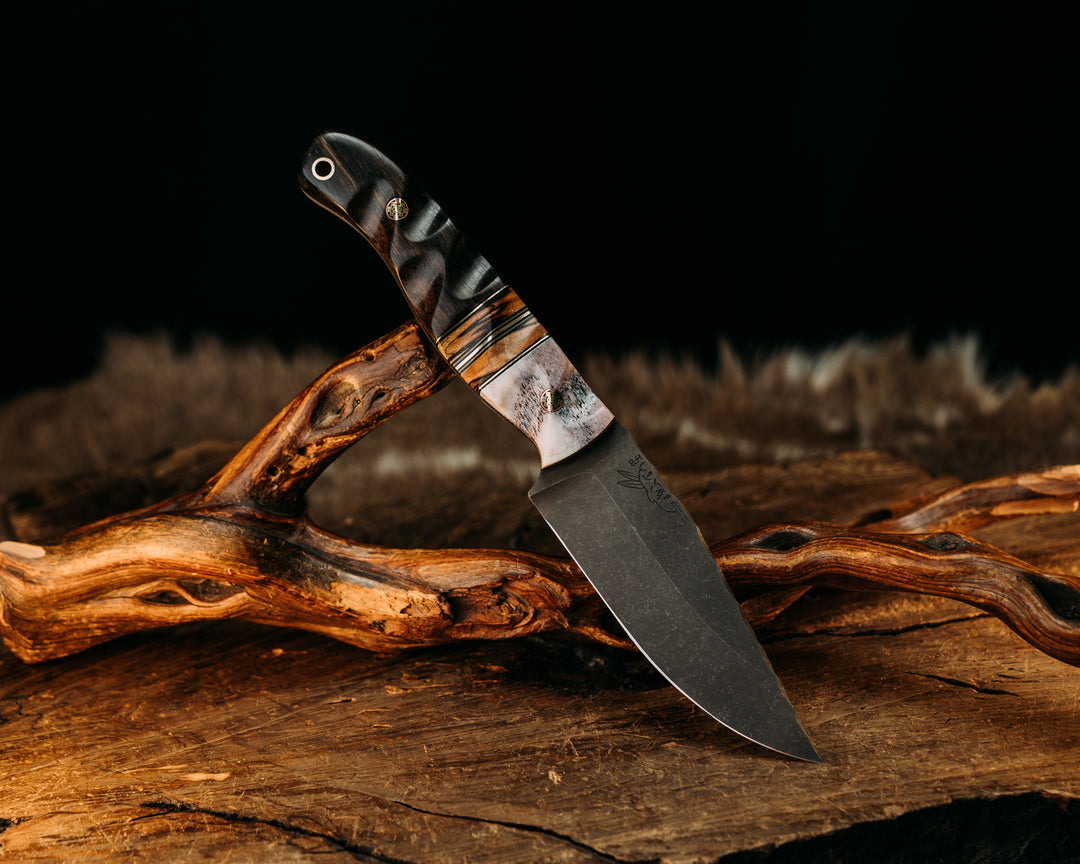 Crow Jr- Elk Antler, Black G10 and Brass Pin Striping, Spalted Maple Split, Ebony Wood, Mosaic Pins, Brass Lanyard Pin, Textured Grip