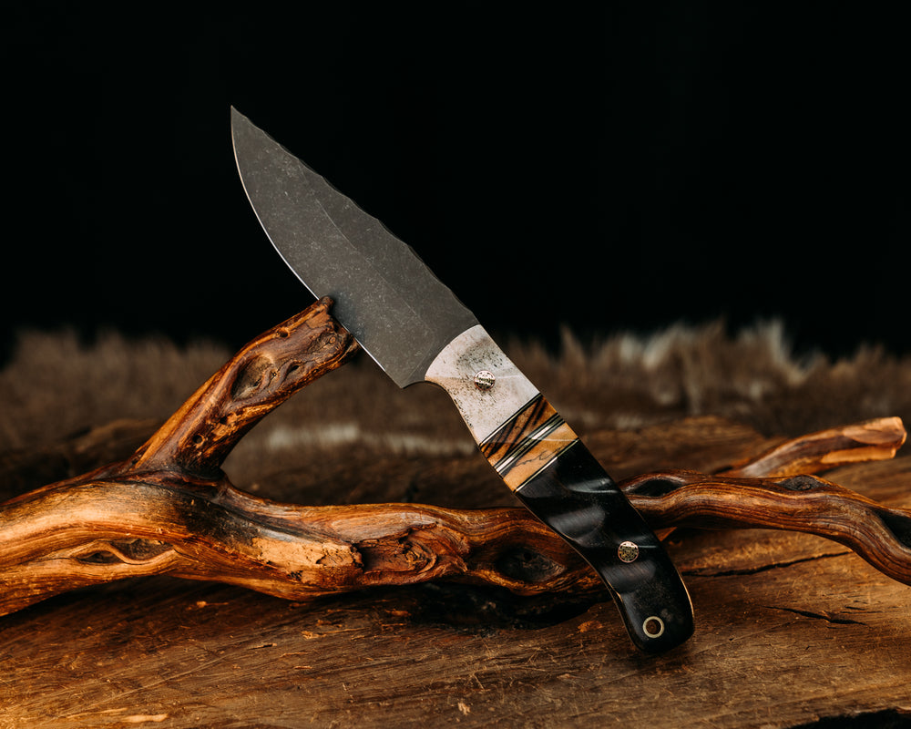 Crow Jr- Elk Antler, Black G10 and Brass Pin Striping, Spalted Maple Split, Ebony Wood, Mosaic Pins, Brass Lanyard Pin, Textured Grip