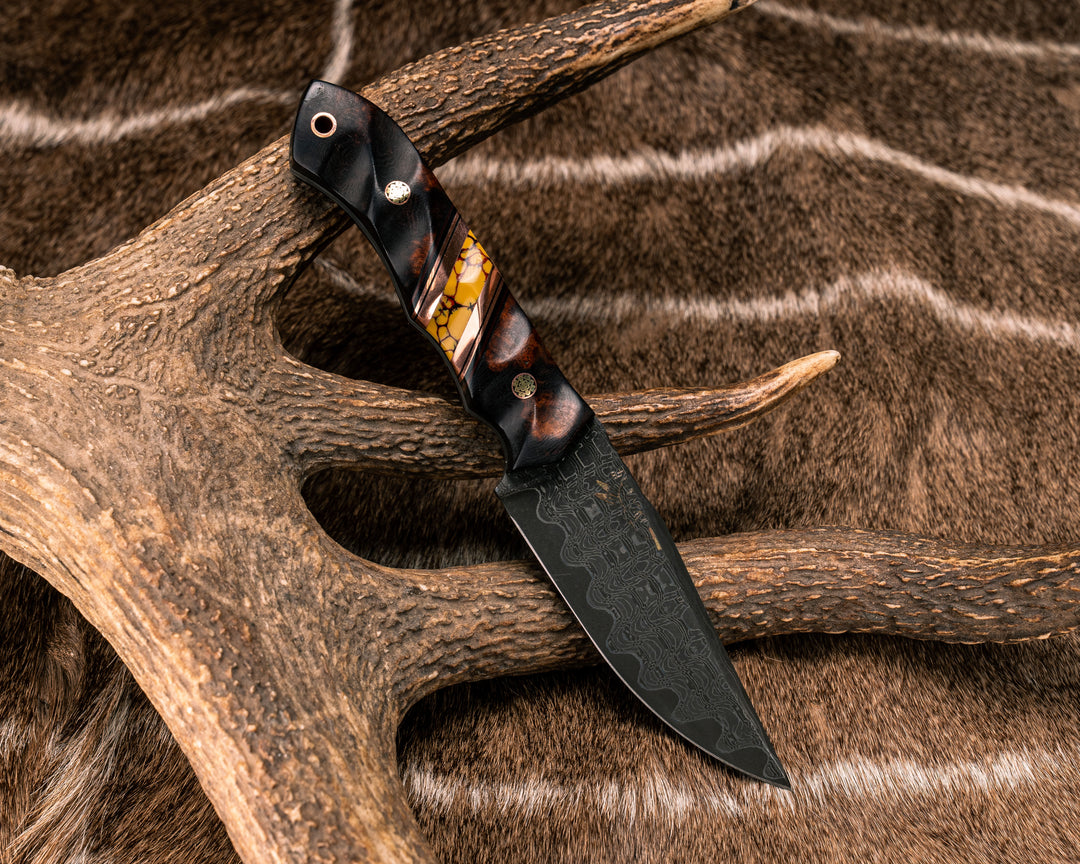 Red Crow- Vegas Forge Seismic Damascus- Desert Ironwood, Black G10, Ruby G10 and Copper Pin Striping, Yellow Dino Bone Tru-stone Split, Mosaic Pins, Copper Lanyard Pin, Textured Grip