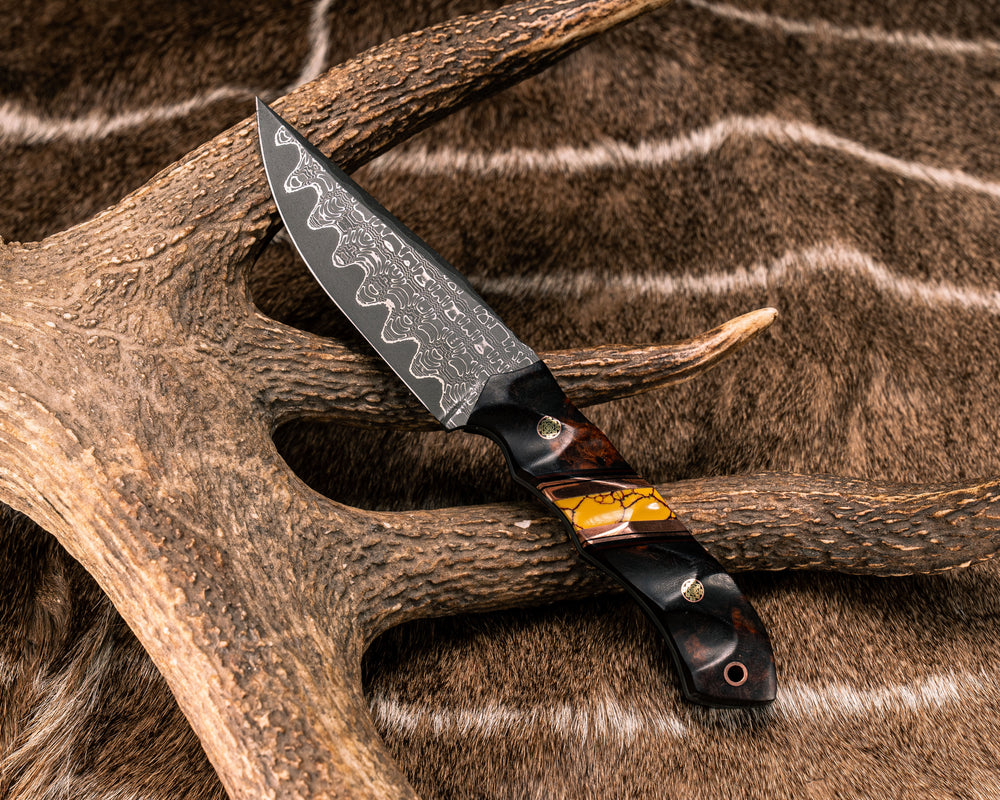 Red Crow- Vegas Forge Seismic Damascus- Desert Ironwood, Black G10, Ruby G10 and Copper Pin Striping, Yellow Dino Bone Tru-stone Split, Mosaic Pins, Copper Lanyard Pin, Textured Grip
