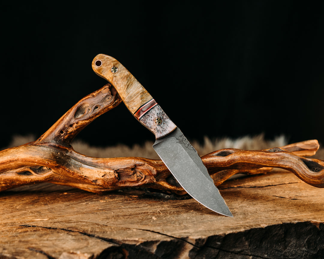 Feather Light- Elk Antler, Black G10, Copper and Cherry G10 Pin Striping, Lava Flow FAT Carbon Split, Black Ash Burl, Mosaic Pins, Copper Lanyard Pin, Textured Grip
