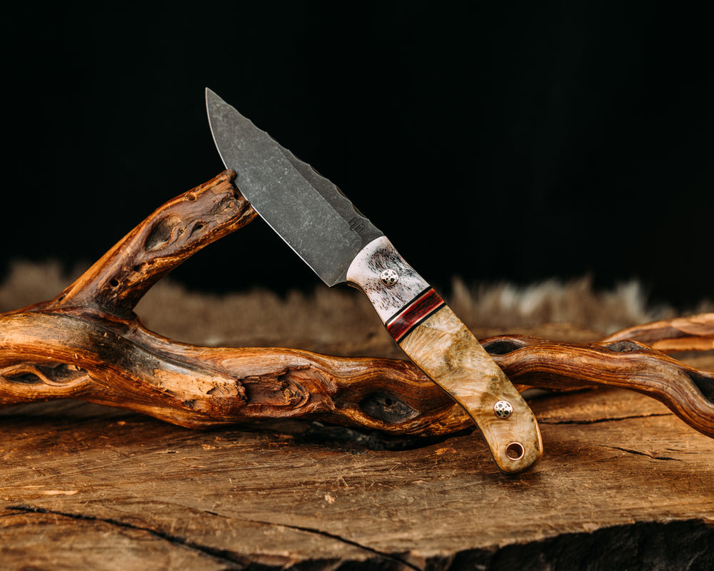 Feather Light- Elk Antler, Black G10, Copper and Cherry G10 Pin Striping, Lava Flow FAT Carbon Split, Black Ash Burl, Mosaic Pins, Copper Lanyard Pin, Textured Grip
